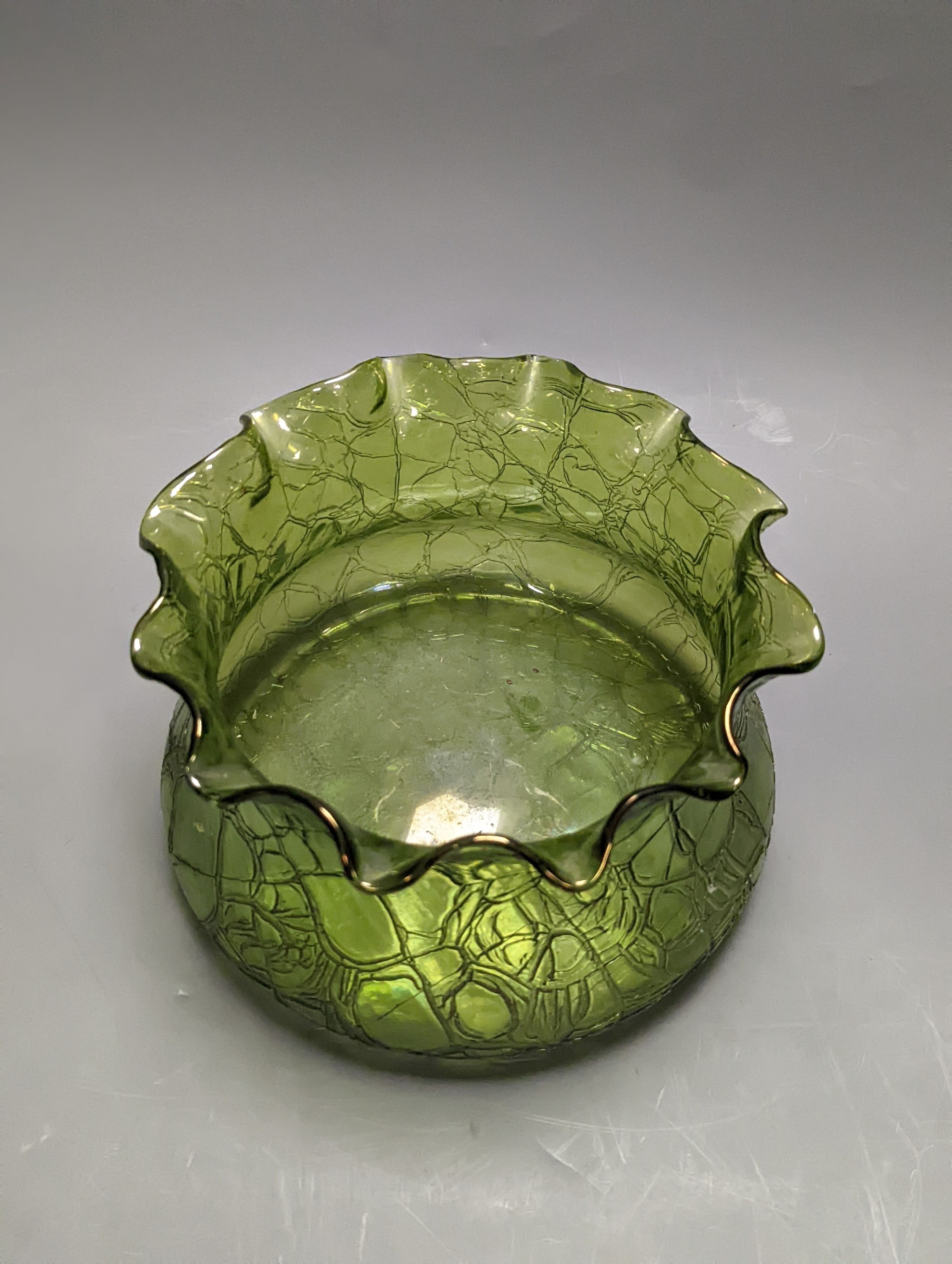 A Loetz type green crackle glass bowl 19cm